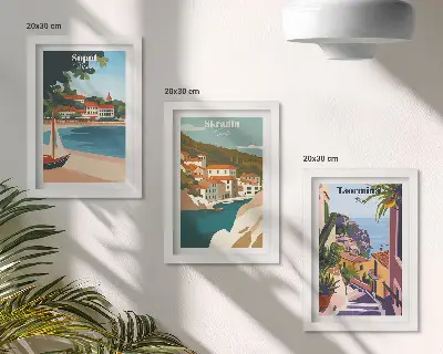 Juego de 3 cuadros decorativos con ilustraciones elegantes de vistas de ciudades costeras