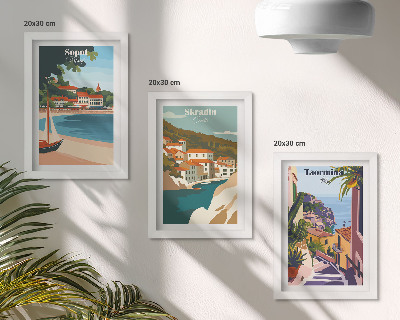 Juego de 3 cuadros decorativos Ilustraciones elegantes de vistas de ciudades costeras