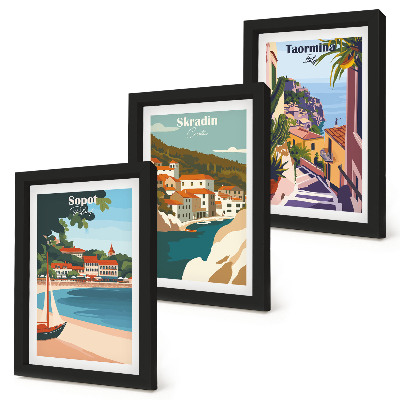 Juego de 3 cuadros decorativos Ilustraciones elegantes de vistas de ciudades costeras