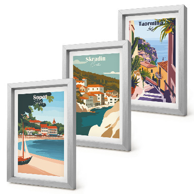 Juego de 3 cuadros decorativos Ilustraciones elegantes de vistas de ciudades costeras