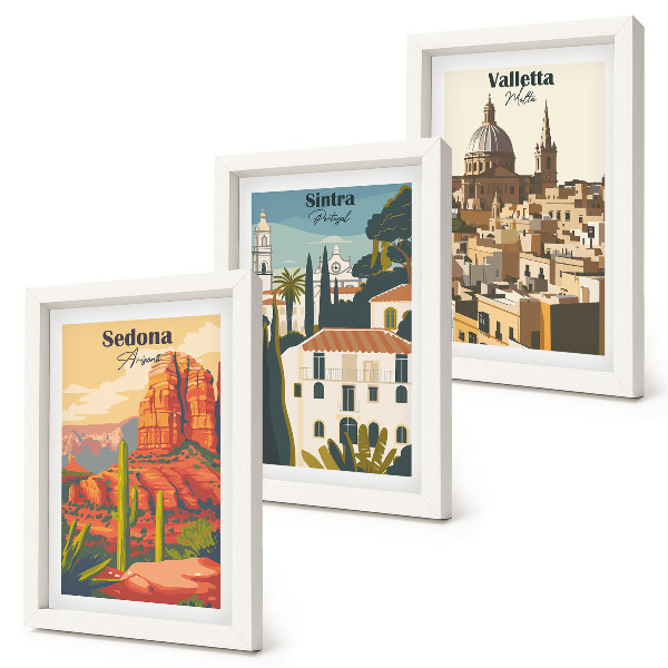 Tríptico enmarcado Paisajes urbanos retro de Sedona, Sintra y La Valeta.