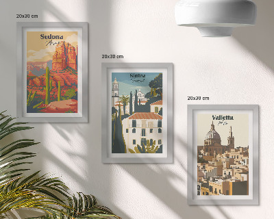 Tríptico enmarcado Paisajes urbanos retro de Sedona, Sintra y La Valeta.