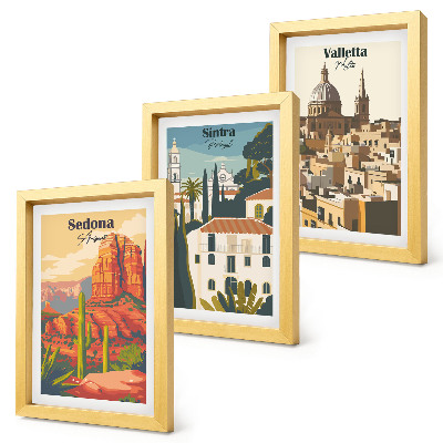 Tríptico enmarcado Paisajes urbanos retro de Sedona, Sintra y La Valeta.