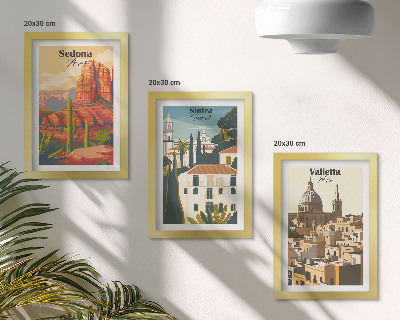 Tríptico enmarcado Paisajes urbanos retro de Sedona, Sintra y La Valeta.