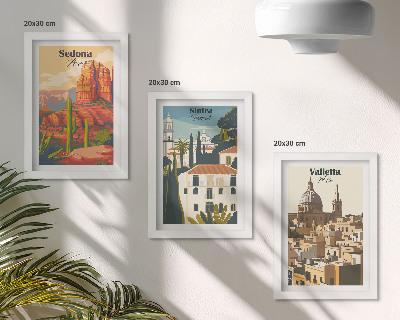 Tríptico enmarcado Paisajes urbanos retro de Sedona, Sintra y La Valeta.