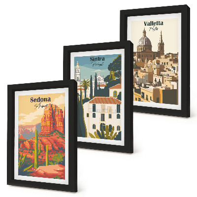 Tríptico enmarcado Paisajes urbanos retro de Sedona, Sintra y La Valeta.