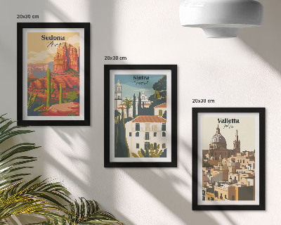 Tríptico enmarcado Paisajes urbanos retro de Sedona, Sintra y La Valeta.