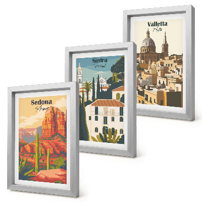 Tríptico enmarcado Paisajes urbanos retro de Sedona, Sintra y La Valeta.