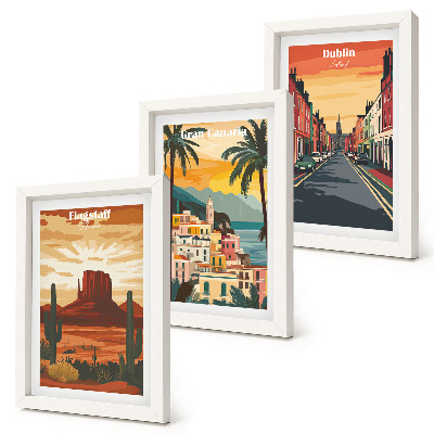 Juego de 3 cuadros decorativos Paisajes urbanos y naturales en colores cálidos.