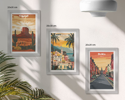 Juego de 3 cuadros decorativos Paisajes urbanos y naturales en colores cálidos.