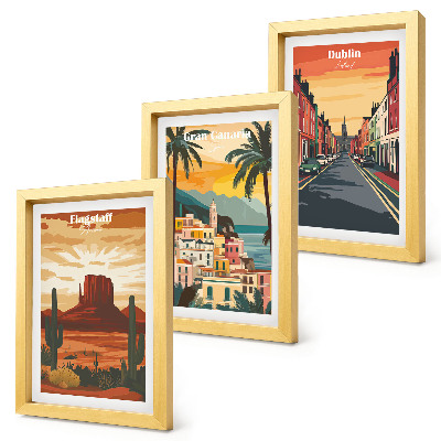 Juego de 3 cuadros decorativos Paisajes urbanos y naturales en colores cálidos.