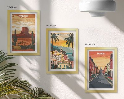 Juego de 3 cuadros decorativos Paisajes urbanos y naturales en colores cálidos.