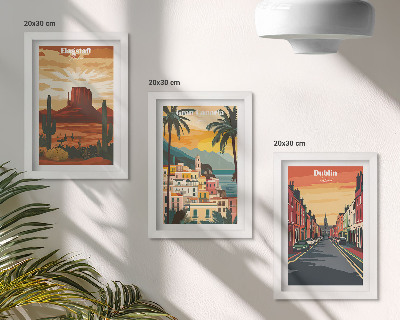 Juego de 3 cuadros decorativos Paisajes urbanos y naturales en colores cálidos.