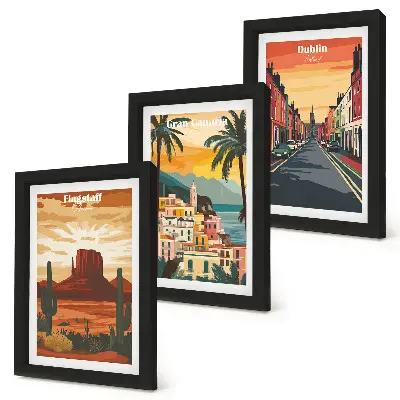 Juego de 3 cuadros decorativos con paisajes urbanos y naturales en tonos cálidos