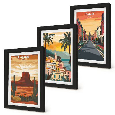Juego de 3 cuadros decorativos Paisajes urbanos y naturales en colores cálidos.