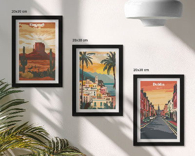 Juego de 3 cuadros decorativos Paisajes urbanos y naturales en colores cálidos.