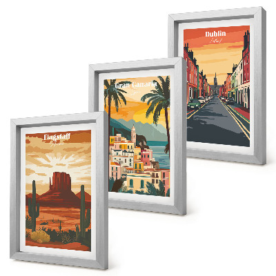 Juego de 3 cuadros decorativos Paisajes urbanos y naturales en colores cálidos.