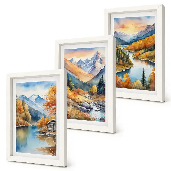 Juego de 3 cuadros decorativos con paisaje de montaña, río y árboles otoñales