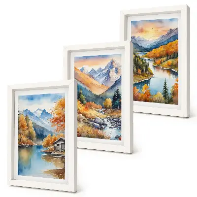 Juego de 3 cuadros decorativos con paisaje de montaña, río y árboles otoñales