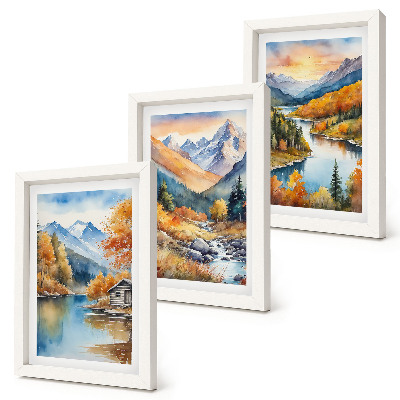 Juego de 3 cuadros decorativos Paisaje montañoso con un río y árboles otoñales.
