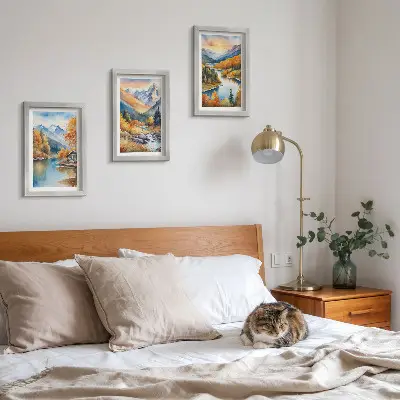 Juego de 3 cuadros decorativos con paisaje de montaña, río y árboles otoñales