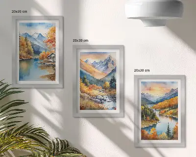 Juego de 3 cuadros decorativos con paisaje de montaña, río y árboles otoñales