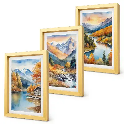 Juego de 3 cuadros decorativos con paisaje de montaña, río y árboles otoñales