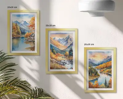 Juego de 3 cuadros decorativos con paisaje de montaña, río y árboles otoñales