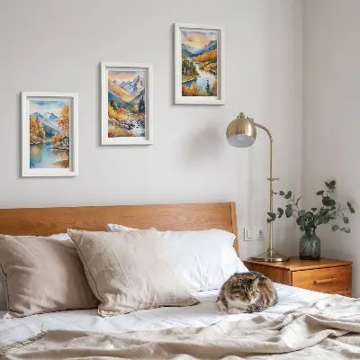 Juego de 3 cuadros decorativos con paisaje de montaña, río y árboles otoñales