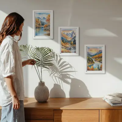 Juego de 3 cuadros decorativos con paisaje de montaña, río y árboles otoñales