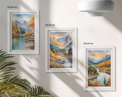 Juego de 3 cuadros decorativos con paisaje de montaña, río y árboles otoñales