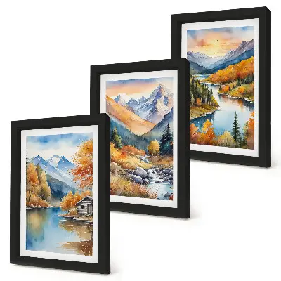 Juego de 3 cuadros decorativos con paisaje de montaña, río y árboles otoñales