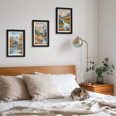 Juego de 3 cuadros decorativos con paisaje de montaña, río y árboles otoñales