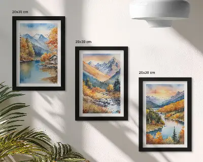 Juego de 3 cuadros decorativos con paisaje de montaña, río y árboles otoñales