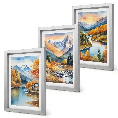 Juego de 3 cuadros decorativos con paisaje de montaña, río y árboles otoñales