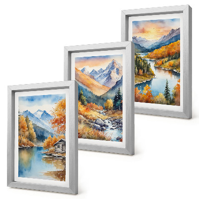 Juego de 3 cuadros decorativos Paisaje montañoso con un río y árboles otoñales.