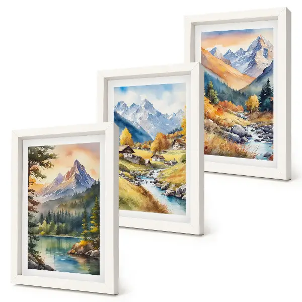 Juego de 3 cuadros decorativos con paisaje montañoso de río y cabañas en tonos otoñales