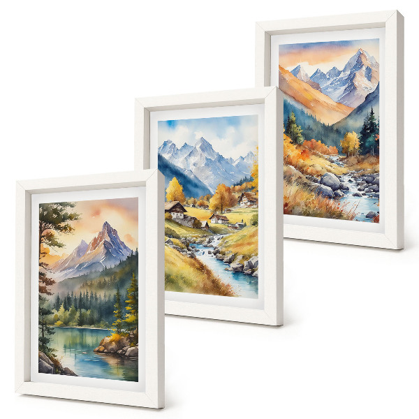 Juego de 3 cuadros decorativos Un paisaje montañoso con un río y cabañas en tonos otoñales.