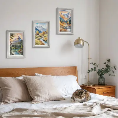 Juego de 3 cuadros decorativos con paisaje montañoso de río y cabañas en tonos otoñales