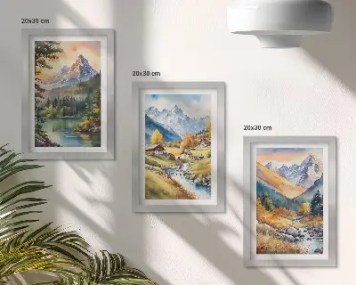 Juego de 3 cuadros decorativos con paisaje montañoso de río y cabañas en tonos otoñales