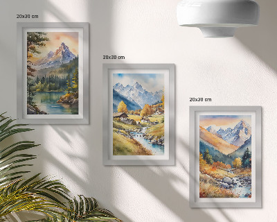 Juego de 3 cuadros decorativos Un paisaje montañoso con un río y cabañas en tonos otoñales.