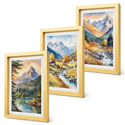 Juego de 3 cuadros decorativos con paisaje montañoso de río y cabañas en tonos otoñales