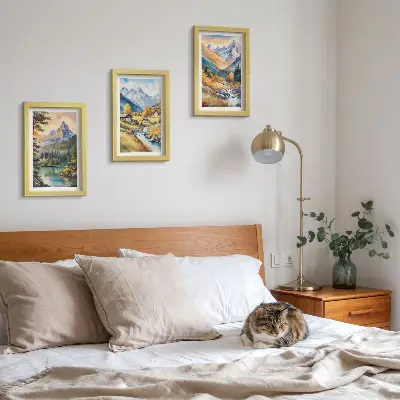Juego de 3 cuadros decorativos con paisaje montañoso de río y cabañas en tonos otoñales