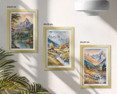 Juego de 3 cuadros decorativos con paisaje montañoso de río y cabañas en tonos otoñales