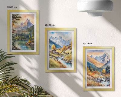 Juego de 3 cuadros decorativos Un paisaje montañoso con un río y cabañas en tonos otoñales.
