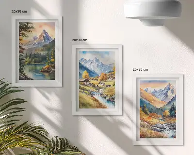 Juego de 3 cuadros decorativos con paisaje montañoso de río y cabañas en tonos otoñales