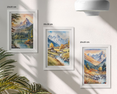 Juego de 3 cuadros decorativos Un paisaje montañoso con un río y cabañas en tonos otoñales.
