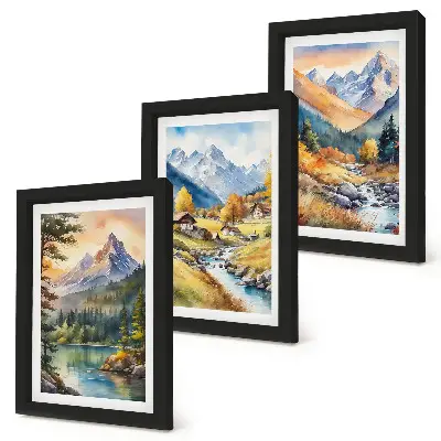 Juego de 3 cuadros decorativos con paisaje montañoso de río y cabañas en tonos otoñales