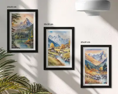 Juego de 3 cuadros decorativos con paisaje montañoso de río y cabañas en tonos otoñales