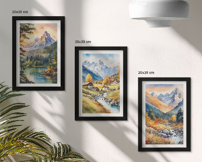 Juego de 3 cuadros decorativos Un paisaje montañoso con un río y cabañas en tonos otoñales.